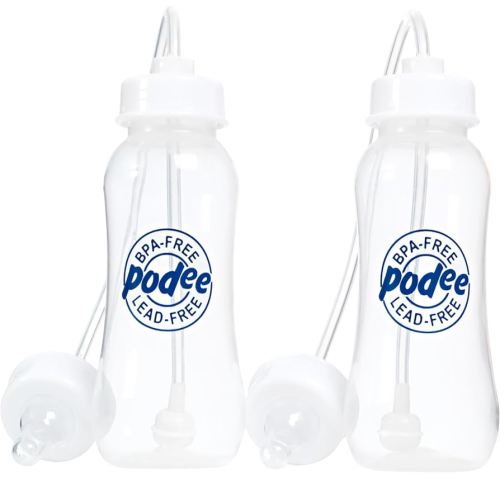 Hands-Free Baby Bottle - Anti-Colic Self Feeding 9 oz Baby Bottle Nursing System with Fast Flow Nipple/Teat 3m+ Infant (2 Bottles - Podee Blue)
