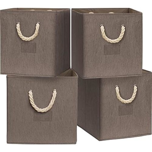 Simple Houseware 11-Inch Cube Storage Bin With Braided Handles, 4 Pack, Brown