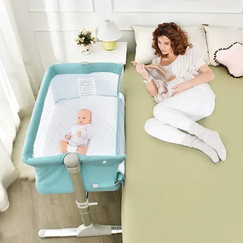 BABY JOY Baby Bedside Crib, Portable Travel Sleeper Bed Side Bassinet w/Carrying Bag, Newborn Bassinet to Infant, Kids Crib with Detachable Mattress, Height & Angle Adjustable, Breathable Mesh, Green