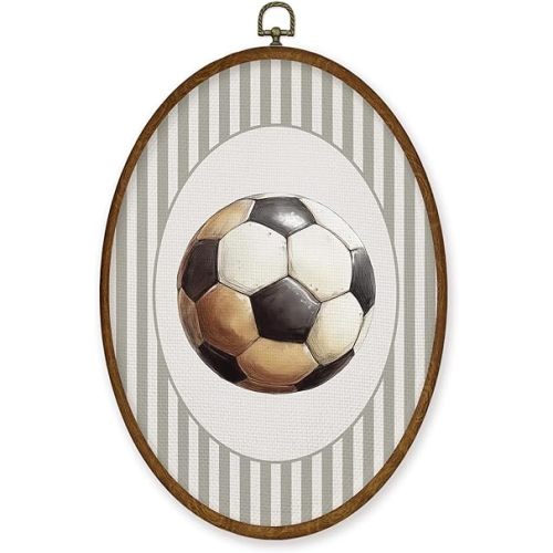 WULQYING Soccer Sports Nursery Wall Art Decor, Boys Room Oval Framed Canvas Art Prints, Neutral Striped Sport Lover Gift Wall Hanging Decor for Kids Nursery Room Playroom, 8.5x11.3 Inches