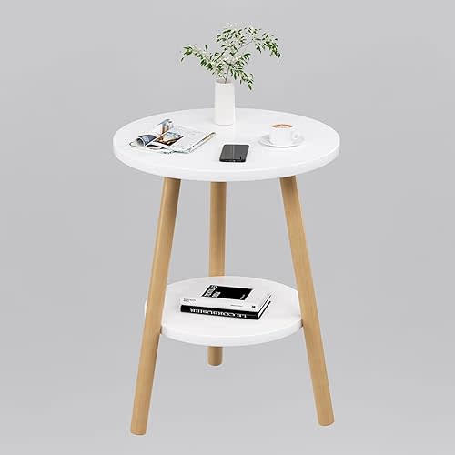 OERGKE Round End Table, Small Side Tables with Lower Shelf, Coffee Table, Bedside Table, Mid Century Modern Nightstand for Living Room, Bedroom, Corners and Office (White)