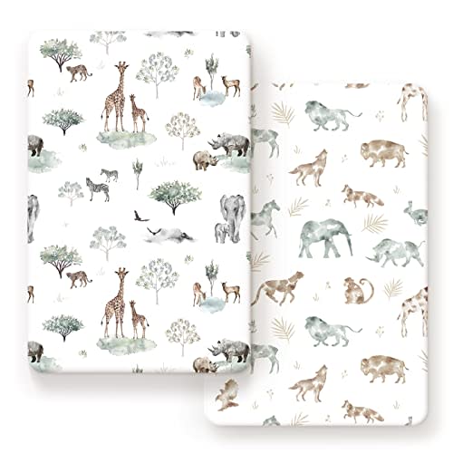 Stretchy Ultra Soft Jersey Knit Fitted Pack n Play Sheets Set 2 Pack, Portable/Mini Crib Sheets for Boys and Girls, Stylish Playard Sheets Fitted Safe and Snug, African Savannah Animals Pattern