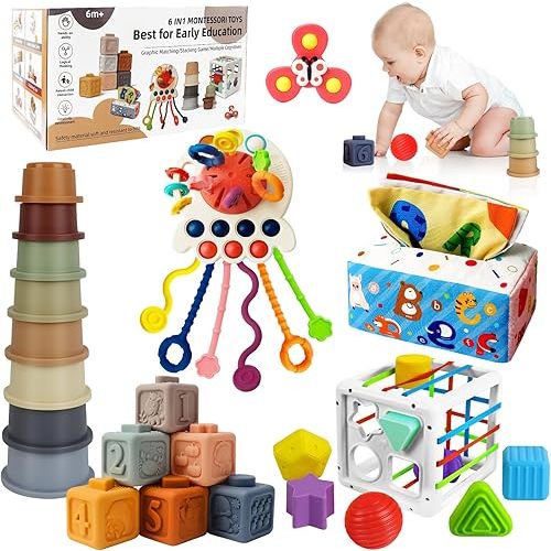 6 in 1 Montessori Toys for Babies 6-12 Months Up - Incl Pull String Toy, Stacking Cups, Tissue Box, Suction Cup Spinner, Stacking Blocks,Activity Cube, Baby Toys for 1 2 3 Year Old