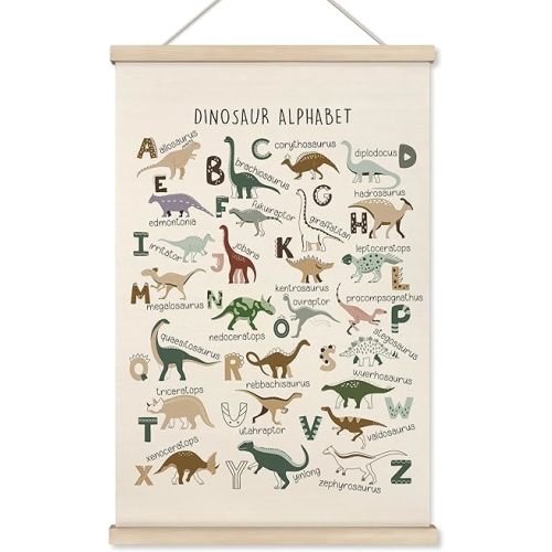 HRQKO Dinosaur Alphabet Poster Hanger Frame, Dinosaur Wall Decor, Nursery Wall Decor, ABC Poster Wall Art with Wooden Frames, Alphabet Banner Wall Hanging Decor for Boys Kids Room Playroom,16x24 inch