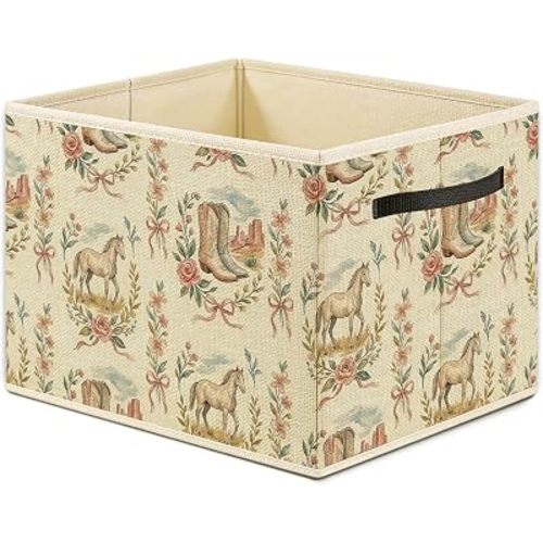 Western Cowgirl Horse Storage Bin Box, Coquette Pink Bow Floral Cowgirl Boots Foldable Laundry Basket Toys Books Clothes Organizer for Girls Bedroom Dorm Bathroom Home Decor