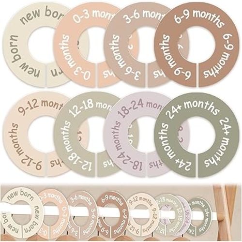 Baby Closet Dividers for Clothes, 8 Pcs Earth Tone Round Clothes Dividers for Closet Rod, Nursery Hanger Organizer & Decor, Clear Labels for Easy Sorting from Newborn to 24+ Months