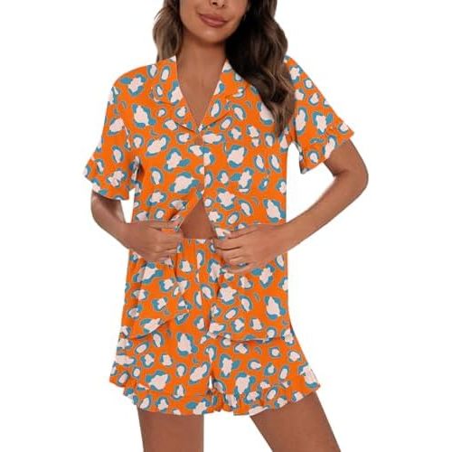 SWOMOG Woman Pajama Set Short Sleeve Pjs Set 2Pcs Short Pajamas Button Down Ruffle Hem Sleepwear Soft Modal Loungewear