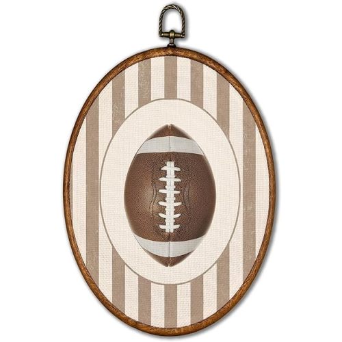 KSDUT Vintage Rugby Football Wall Art Decor - Retro Sports Beige Stripes Wall Art Canvas Frame Hanging Prints, Nursery Sports Gallery Oval Artwork Decor for Home Decorations 8.6"x11.4"