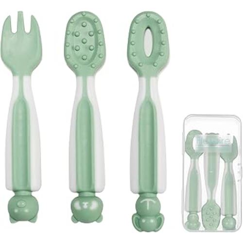 Baby Self Feeding Spoons BPA-Free Silicone Spoons Toddler Utensils for Kids Ages 6 Months+, First + Second Stage Spoons Set for Baby-Led Weaning(BLW), Teething Friendly (Green)