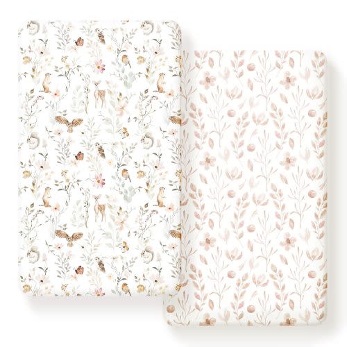 GRSSDER Stretch Ultra Soft Jersey Knit Fitted Crib Sheets Set 2 Pack,Fit All Standard Crib Mattress Pads Safe and Snug, Crib Fitted Sheet for Girls, Beautiful Blush Pink Floral and Cute Animals Print