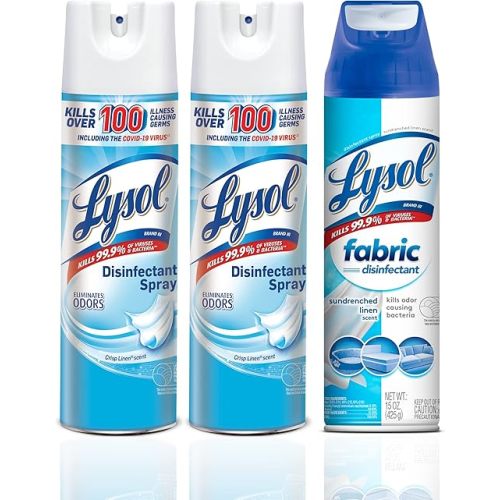 Lysol Disinfectant Spray + Fabric Disinfectant, Sanitizing and Antibacterial Spray, For Disinfecting and Deodorizing, Crisp Linen + Sundrenched Linen, 2 count (19 oz each) + 1 (15 oz)