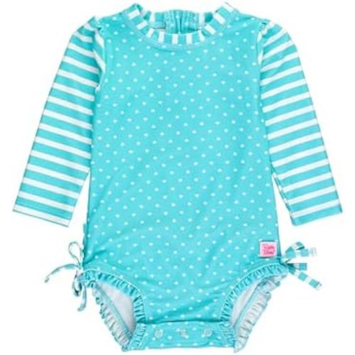 RuffleButts Baby Girls UPF 50+ Sun Protection Gingham Printed Long Sleeve One Piece Rash Guard Swimsuit with Zipper