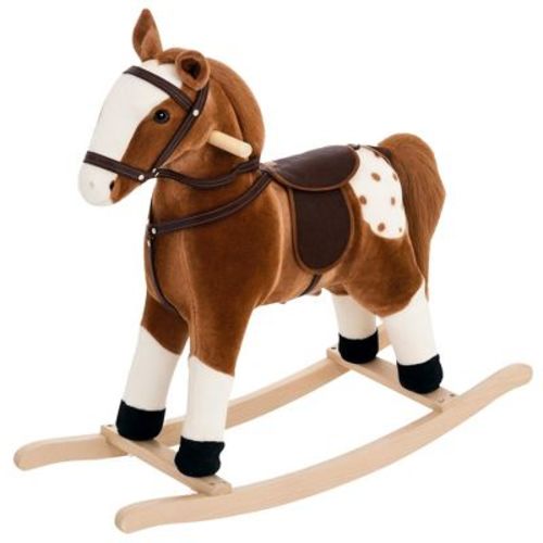 Qaba Kids Plush Toy Rocking Horse Pony Toddler Ride on Animal for Girls Pink Birthday Gifts with Realistic Sounds, Brown