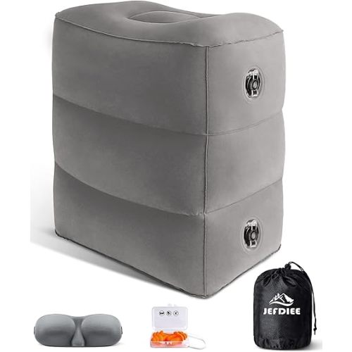 JefDiee Inflatable Foot Rest Pillow, Kids Airplane Bed, Adjustable 3 Layers Height Leg Rest Pillow, Airplane Travel Essentials Great for Airplane, Office, Home, Trains, Cars - Grey - 17 x15 x9 Inch