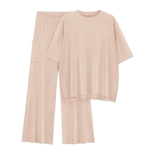 KIRUNDO Womens 2 Piece Outfits 2025 Summer Casual Loose Short Sleeve Pullover Tops & Wide Leg Pants Lounge Sets Tracksuit