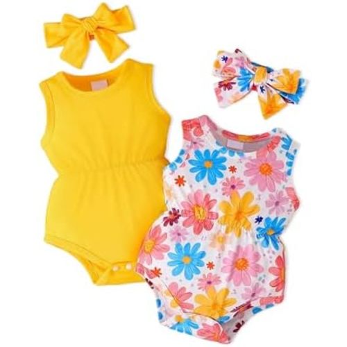 Doresbebe Baby Girl Clothes Newborn Bodysuit Infant Romper Summer Outfits Cute Sleeveless 2-pack 4Pcs Set