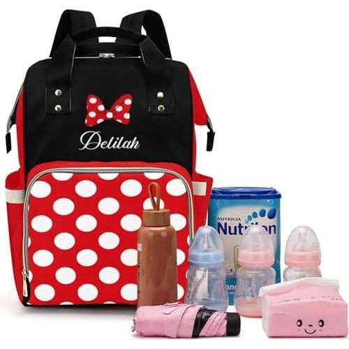 Qubist Custom Diaper Bag with Name Personalized Multifunctional Mommy Backpack for Daughter Granddaughter, Red Daypack Bag for Travel
