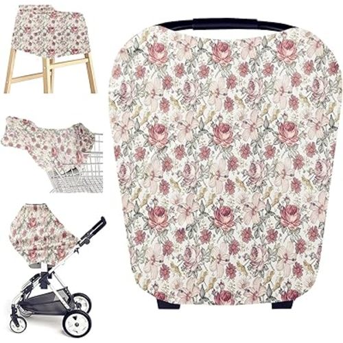 Little Jump Multi-use Baby Carseat Cover, Western Wild Flowers Breathable Nursing Cover, High Stretchy Infant Carseat Canopy, Stroller Cover, Car Seat Covers for Bbies, Boys & Girls (Vintage Floral)