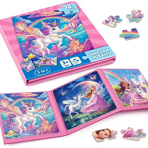 Magnetic Jigsaw Puzzles for Toddlers Kids 3-8 Girls,(3 36-Pieces) Travel Puzzles Toys for Kids Ages 4-6,Take-Along Car Airplane Road Trip Activities Game for 3 4 5 6 7 8 Year Old Birthday Gift