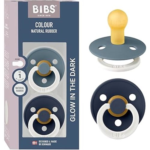 BIBS Colour Night Glow in The Dark Soother 2-Pack, BPA Free Dummy Pacifier, Round Nipple. Natural Rubber Latex, Made in Denmark, Size 1 (0-6 Months), Petrol Glow/Deep Space Glow