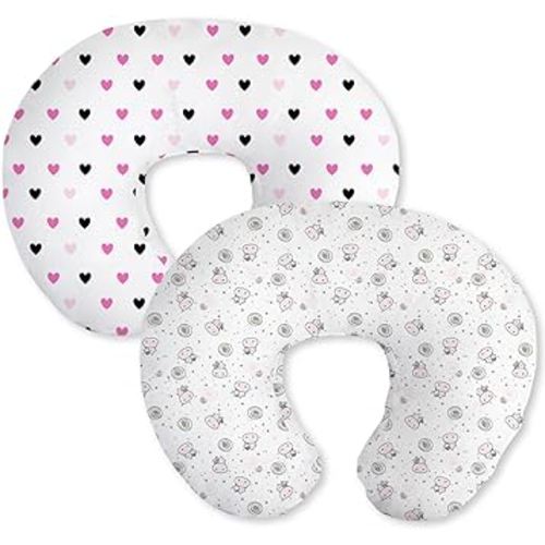 Little Grape Land Nursing Pillow Cover for Baby Girl, 2 Pack Soft Removable Breast Feeding Pillow Cover, 100% Cotton Nursing Pillow Cases Fit Standard Nursing Pillow(Sweet Hearts & Cute Cow)