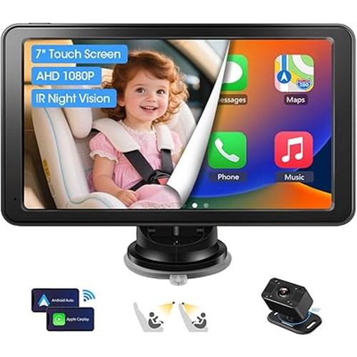 7" AHD Baby Car Camera w Apple CarPlay & Android Auto 1080P Car Camera for Baby with Ultra Night Vision 150° Wide Angle, Car Baby Monitor w Invisible Infrared Lights Easy to Install