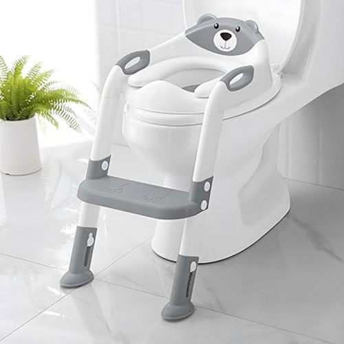 Potty Training Seat ，SKYROKU Potty Training Toilet with Step Stool Ladder, for Kids Boys Girls Toddlers - Comfortable Safe Potty Seat with Anti-Slip Pads Ladder （8838-Grey）