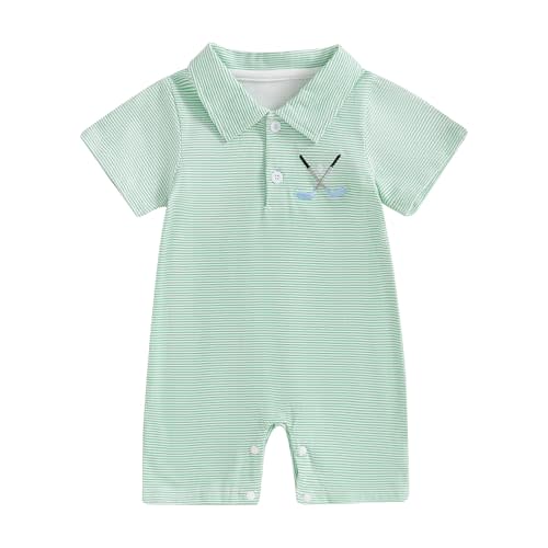 Dewadbow Baby Boy Summer Outfit Short Sleeve Embroidery Collared Romper Lapel Button Striped Bodysuit Jumpsuit Clothes