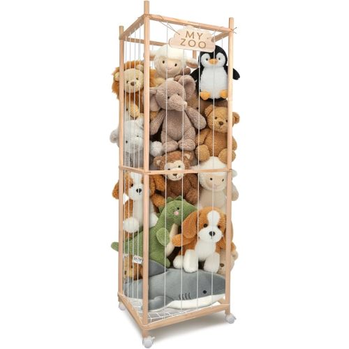 Stuffed Animal Storage Zoo with Wheels, Wooden Large Stuff Animals Plushies Holder Toy Organizer Kids Plush Storage Cage with Elastic Band and Net for Nursery Playroom Corner for Toddler
