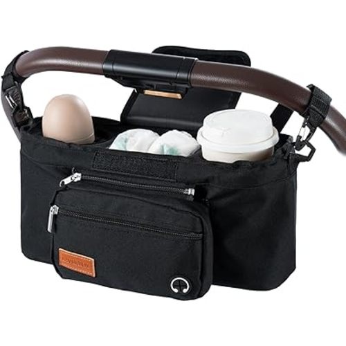 LAVERBOY Baby Stroller Organizer with 2 Insulated Cup Holders,Universal Stroller Accessorie Organizer Non Slip Straps Stroller adjustable Shoulder Strap for Carrying Diape (Black)