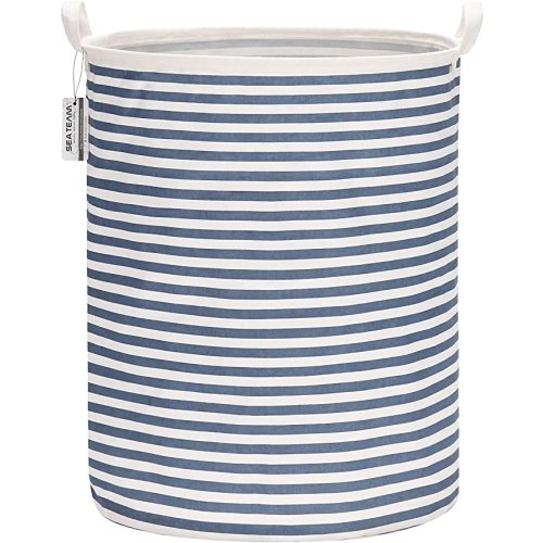 Sea Team 19.7 Inches Large Sized Waterproof Coating Ramie Cotton Fabric Folding Laundry Hamper Bucket Cylindric Burlap Canvas Storage Basket (19.7", Navy Blue & White Stripe) - Stripe/Navy Blue