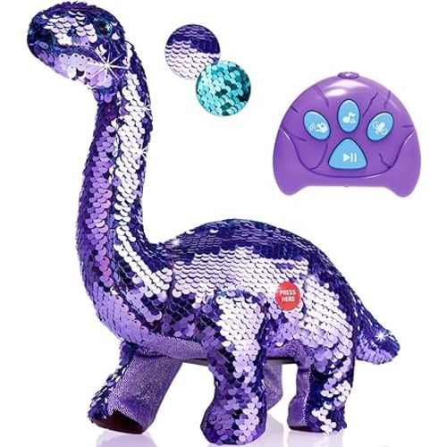 Koonie Dinosaur Toys for Girls, 2 Year Old Girl Toys, Purple Dinosaur Remote Control Reversible Sequins Dinosaur Toy Can Repeat Walk Roar Sing, Christmas Birthday Gifts for 2-7 Years Old Kids Toddler