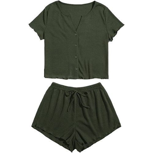 Verdusa Women's 2 Piece Button Down Tee Top and Lounge Shorts Pajama Set