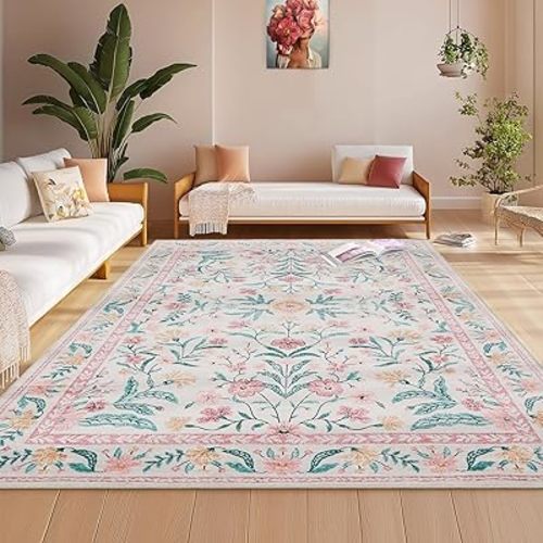 Washable Pink Area Rugs 8x10,Living Room Rug,Low Piles Indoor Non-Slip Nursery Rug Girls,Pet & Child Friendly,Boho Floral Distress Print Pattern Carpet for Living Room, Bedroom, Kids Room