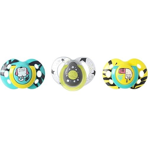 Tommee Tippee Day And Night Pacifiers, Symmetrical Design, BPA-Free Silicone Binkies, 6-18m, 3-Count, Colors And Designs May Vary