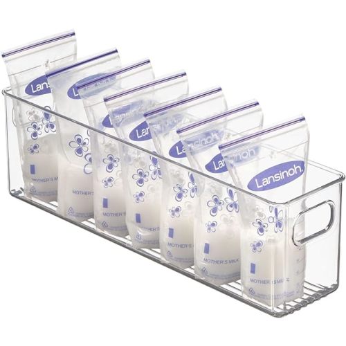 mDesign Plastic Long Stackable Storage Organizer Container, Organization Bin w/Handles for Kitchen, Pantry, Fridge, Freezer, Cabinet, Perfect to Hold Breast Milk - Ligne Collection - 2 Pack, Clear - 16 x 3.75 x 5 - Pack of 2 - Clear