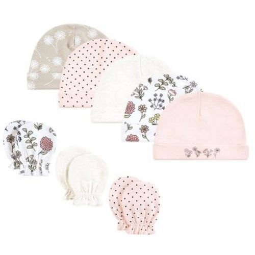 Hudson Baby Infant Girl Cotton Cap And Scratch Mitten Set, Dandelion Wish, 0-6 Months