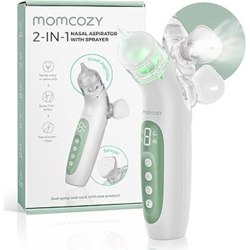Momcozy BreezyClear™ 2-in-1 Electric Nasal Aspirator with Spray, Nasal Aspirator for Baby, 65kPa Nose Sucker with 4 Adjustable Suction Levels,Portable Electric Nose Cleaner,Light & Music Soothing