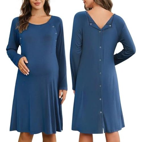 Ekouaer Women Maternity Nightgown Labor Delivery Nursing Gown Hospital Breastfeeding Dress Button Down Long Sleeve Sleepwear