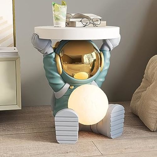 Astronaut Table with Round Top 19.7"X 17.7" Sofa End Table with Moon Lamp Modern Resin Accent Astronaut Statue for Bedroom Living Room Home,Green