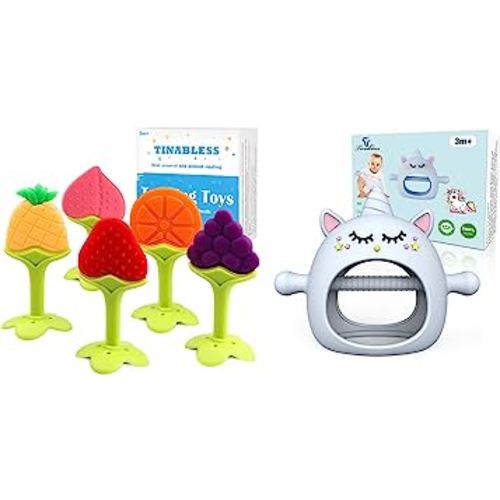 Tinabless Teething Toys (5 Pack) + Unicorn Never Drop Silicone Teether Set for Babies 6-12 Months, Natural Organic Freezer Safe for Infants and Toddlers, Silicone Baby Teethers (Blue)