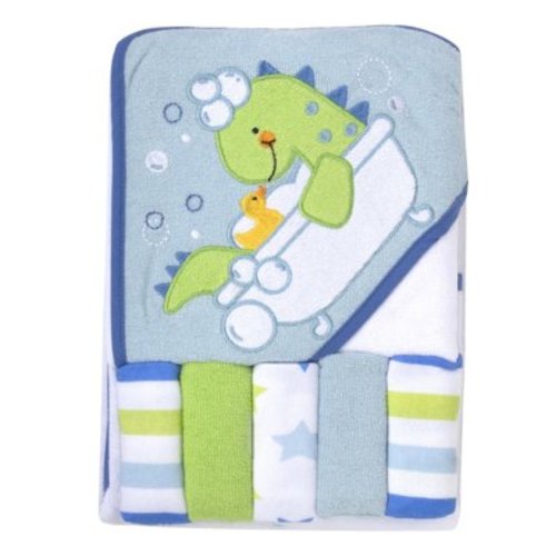 Baby Essentials 6 Piece Embroidered Hooded Cotton Bath Towel and Washcloth Set for Infants, Newborns and Toddlers 6 – 12 Months for Bath Time, Showers, Lounge, Beach and Pool in Refreshed Rex