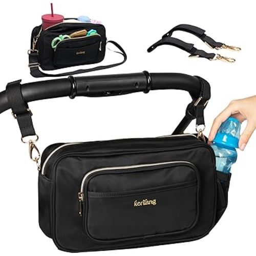 Stroller Caddy w/ Insulated Cup Holder, Universal Fit Parent Organizer w/ Wipes Pocket, Parent Sling Bag, Waterproof Mini Diaper Bag w/ Shoulder Strap, Large Capacity Stroller Organizer for Travel