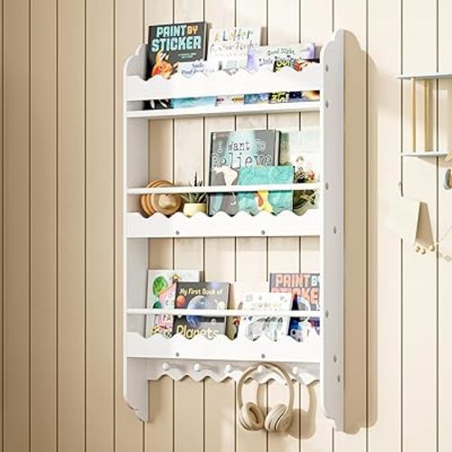 Treocho Kids Bookshelf, 3-Tier Wall Mounted Book Shelf, Kids Bookshelf and Toy Storage for Living Room, Bedroom and Nursery, White