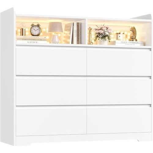 FOTOSOK White Dresser 6 Drawer, 47.2" Dresser for Bedroom Chest of Drawers with 2 Open Cabinets, Wood Dresser Modern Dresser Storage Drawers for Home & Office