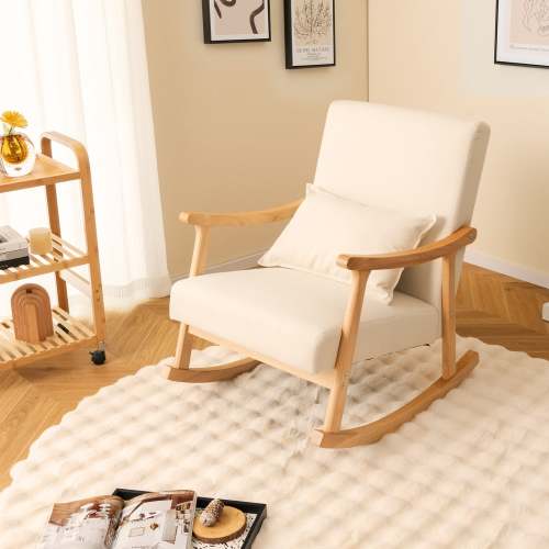 Upholstered Rocking Chair With Pillow and Rubber Wood Frame-Beige