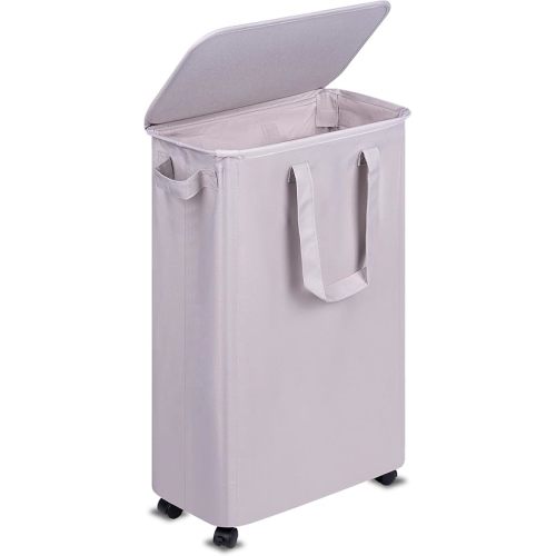 Slim Laundry Hamper with Lid and Wheels, Small Rolling Laundry Basket with Handle for Small Spaces, Tall Dirty Clothes Hampers for Dorm, Bathroom and Bedroom, 55L, Grey