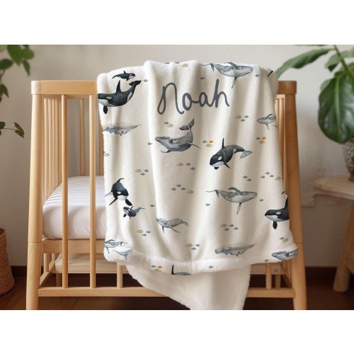 Personalized Name Blanket Boy Whale Nursery Decor Under the Sea Nursery Bedding Gift for Baby Custom Name Blanket Gift Toddler Blanket Orca