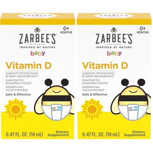 Zarbee's Vitamin D Drops for Infants, 400IU (10mcg) Baby & Toddler Liquid Supplement, Newborn & Up, Dropper Syringe Included, 0.47 Fl Oz (Pack of 2)