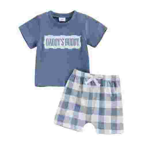 FAOWME Baby Boy Summer Clothes Daddys/Mamas Boy Matching Outfit Short Sleeve Embroidery T Shirt Plaid Toddler Shorts Set,Blue,9-12 Months